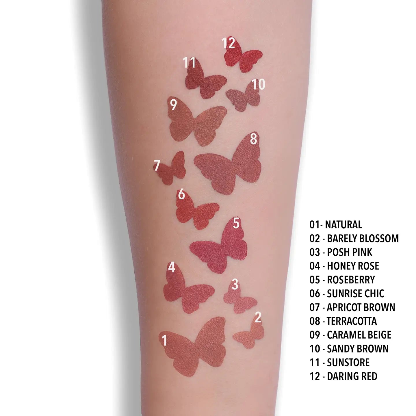 Swatches des teintes du crayon à lèvres MOIRA Signature sur différentes carnations - Ordiajade