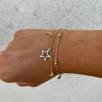 Bracelet Astre doré porté avec un second bracelet fin, vue rapprochée - Ordiajade